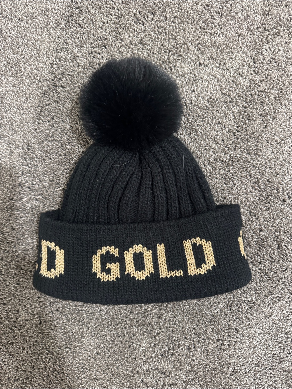 Goldbergh Black Knit Pom Beanie with Gold Lettering